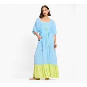 Kate Spade Midi Cover-Up Dress Women's Blue Yellow‎ Colorblock V-Neck Beach Med